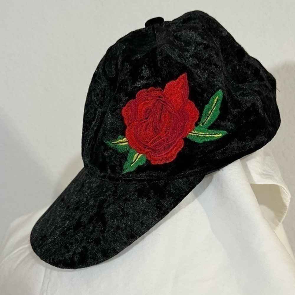SASHA Black Velvet Embroidered Rose Baseball Cap Hat One Size Velcro Back Strap